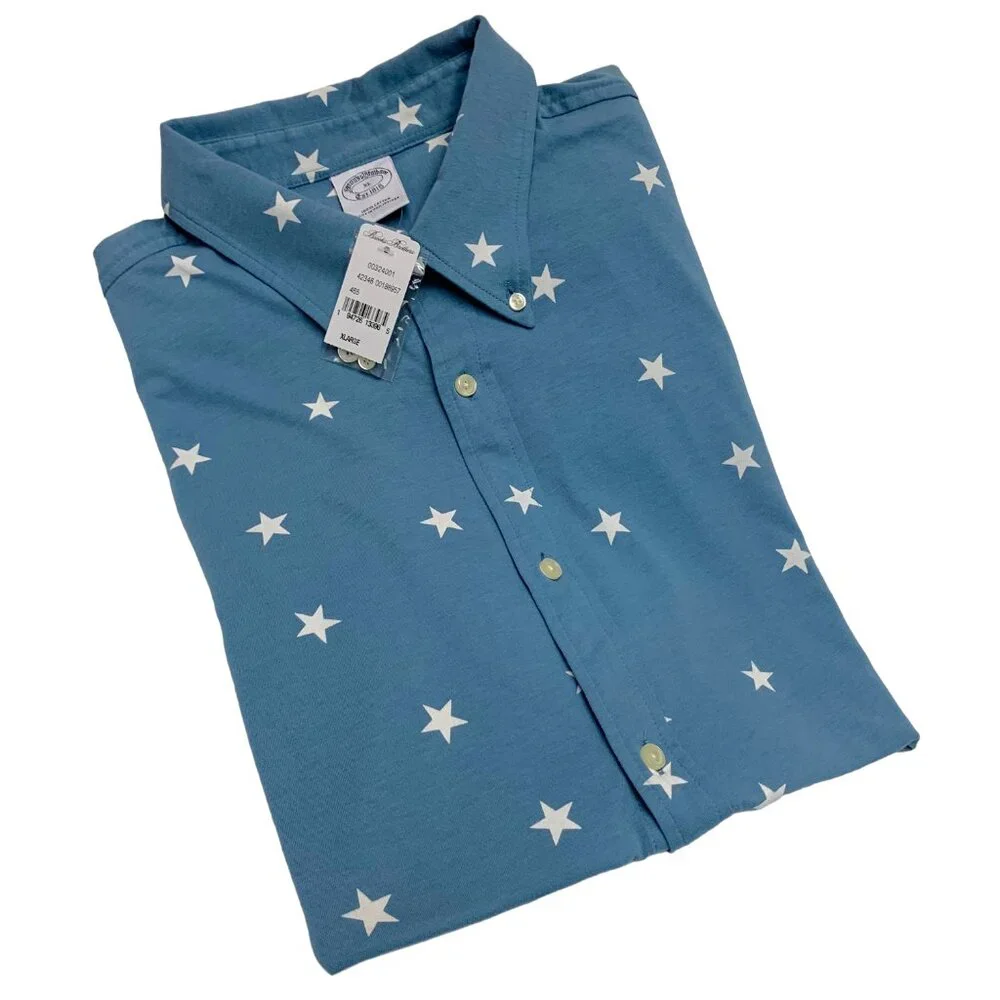 Brooks‎ Brothers Blue Printed White Star Button Down Short Sleeve Shirt